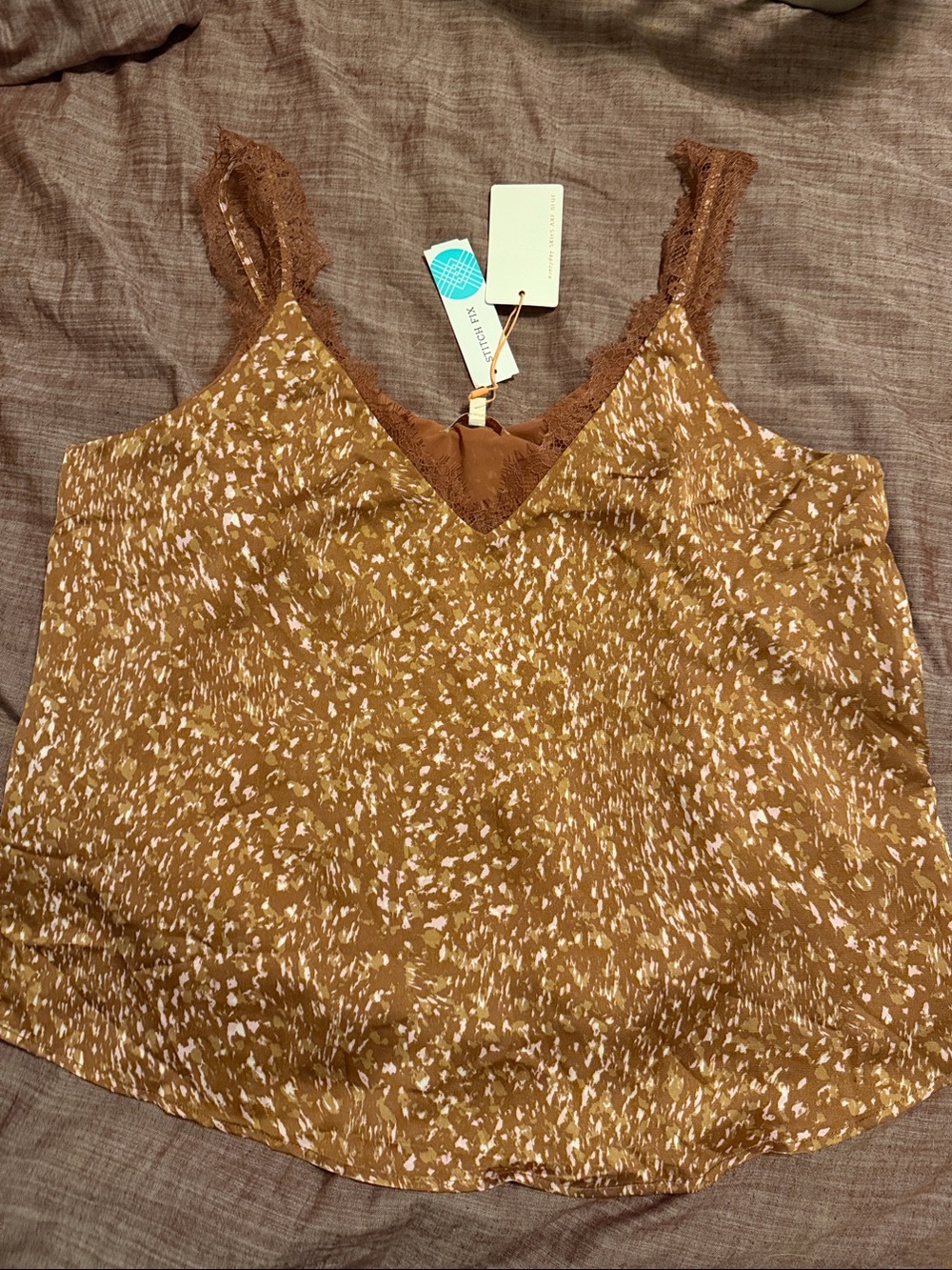 Skies Are Blue Brown Speckle Lace-Trim V-Neck Cami